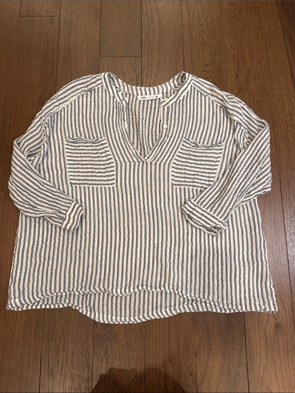 Zara Blue and White Striped V-Neck Tunic Size XL - C30-151